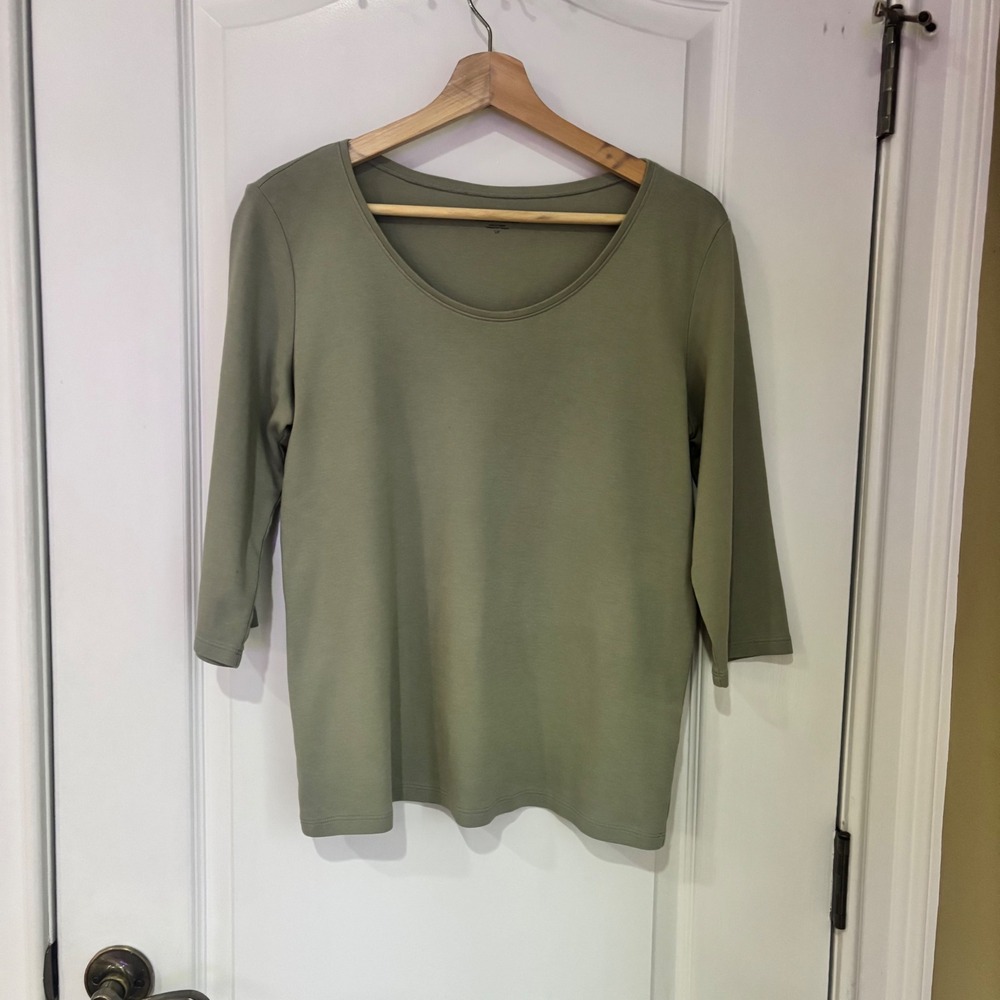 Eileen Fisher Womens Olive Green Organic Cotton 3/4 Sleeve Scoop Neck Top Size S